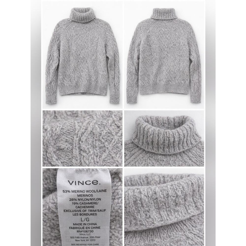 Vince Cable Knit Turtleneck Sweater Large Gray Merino Wool Cashmere Blend Pullov